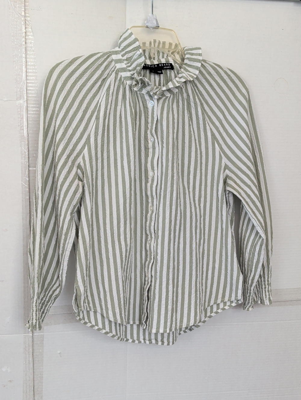 Veronica Beard Sage Green & White Striped Ruffle Top